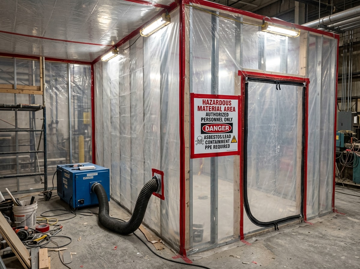 Technician in full PPE setting up containment barriers for asbestos abatement in an older Wayne County home