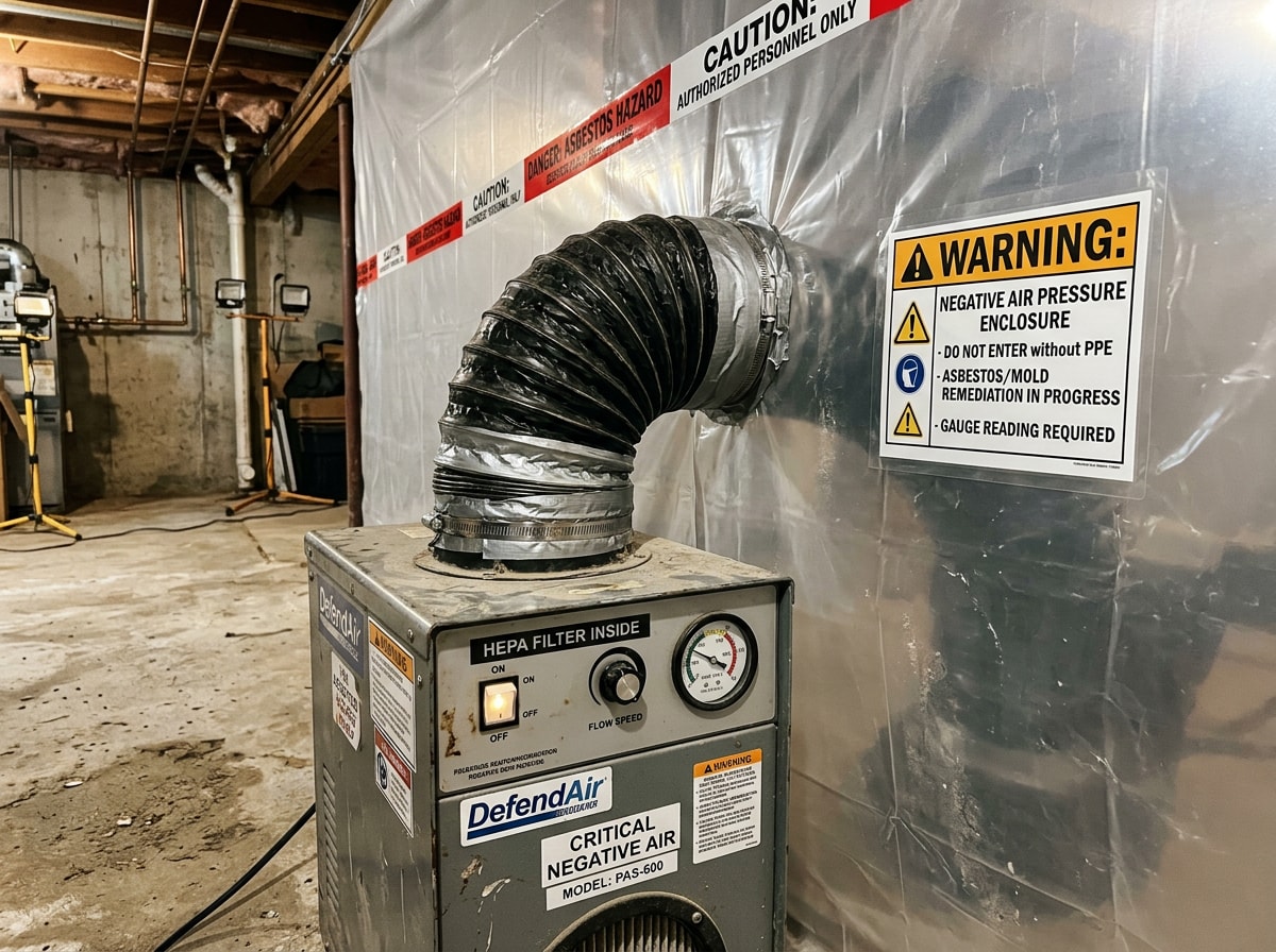 Negative air pressure containment barrier set up during an asbestos removal project in a Wayne County property