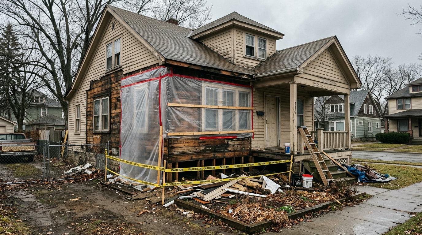 Containment area set up outside an older Wayne County home during an abatement and exterior renovation project