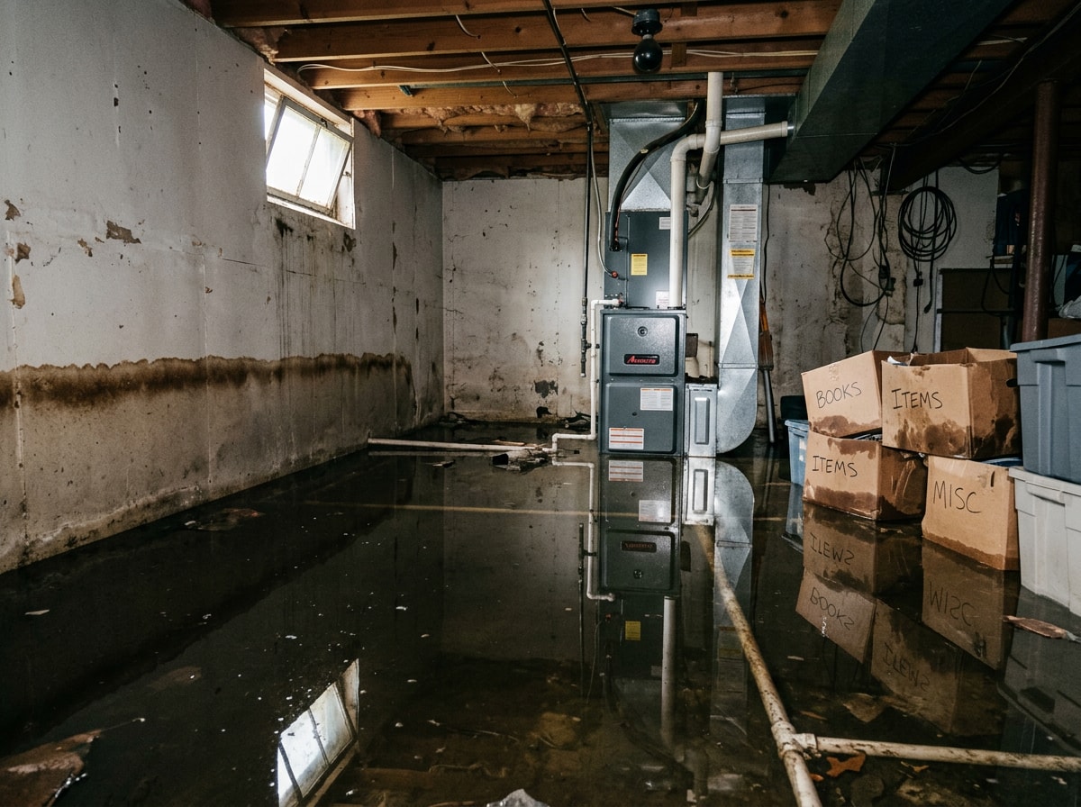 Flooded basement with standing water showing a Macomb County water damage emergency