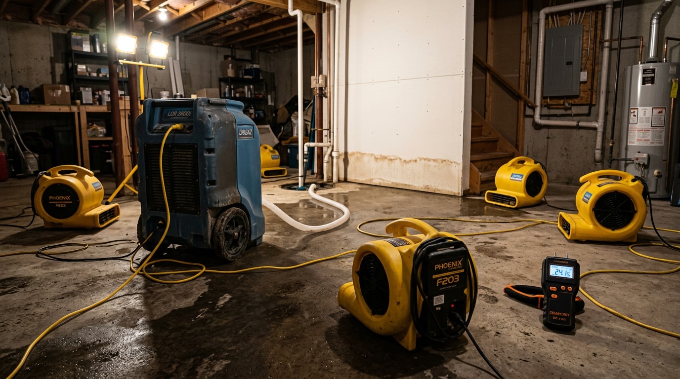 Professional water restoration drying equipment set up in a Macomb County basement Professional water restoration drying equipment set up in a Macomb County basement