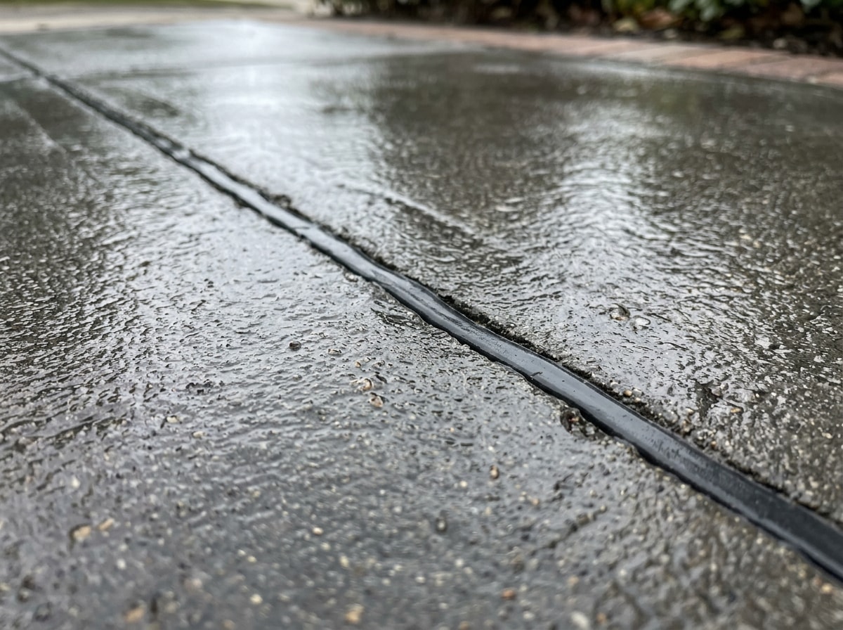 Close-up of a freshly sealed concrete driveway showing repaired crack lines in a suburban Michigan setting