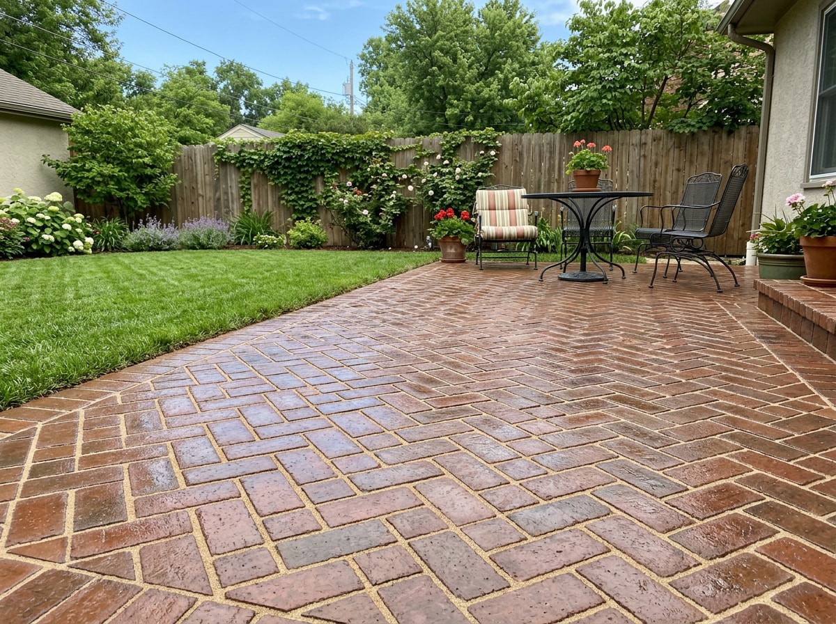 Restored brick paver patio with fresh joint sand and sealant in an Oakland County backyard