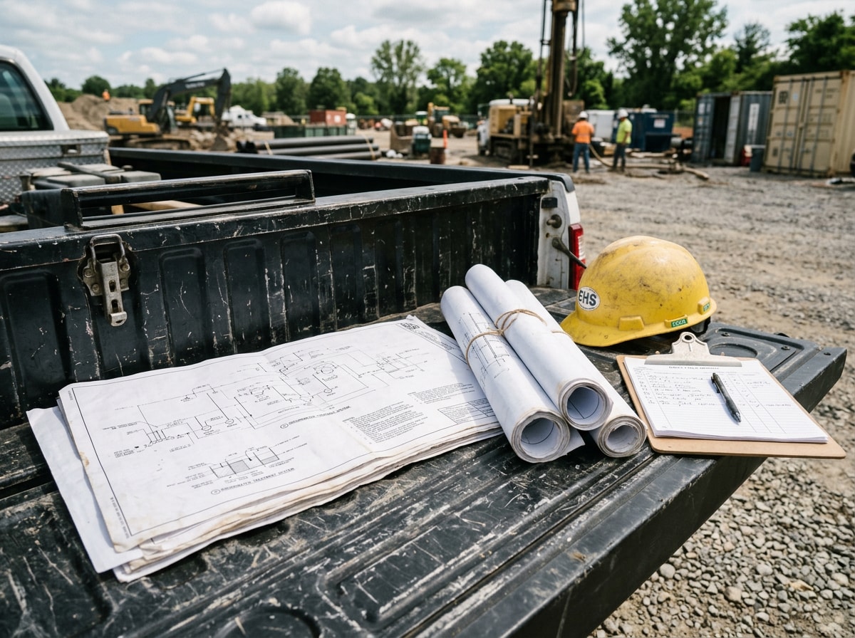 Environmental remediation consultant reviewing groundwater treatment system design plans on a Livingston County jobsite
