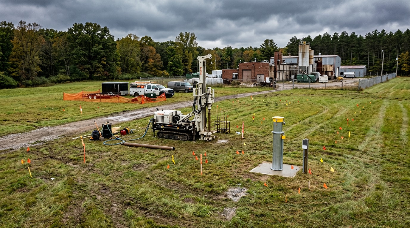Environmental remediation jobsite with groundwater monitoring well and soil sampling equipment in Livingston County, Michigan