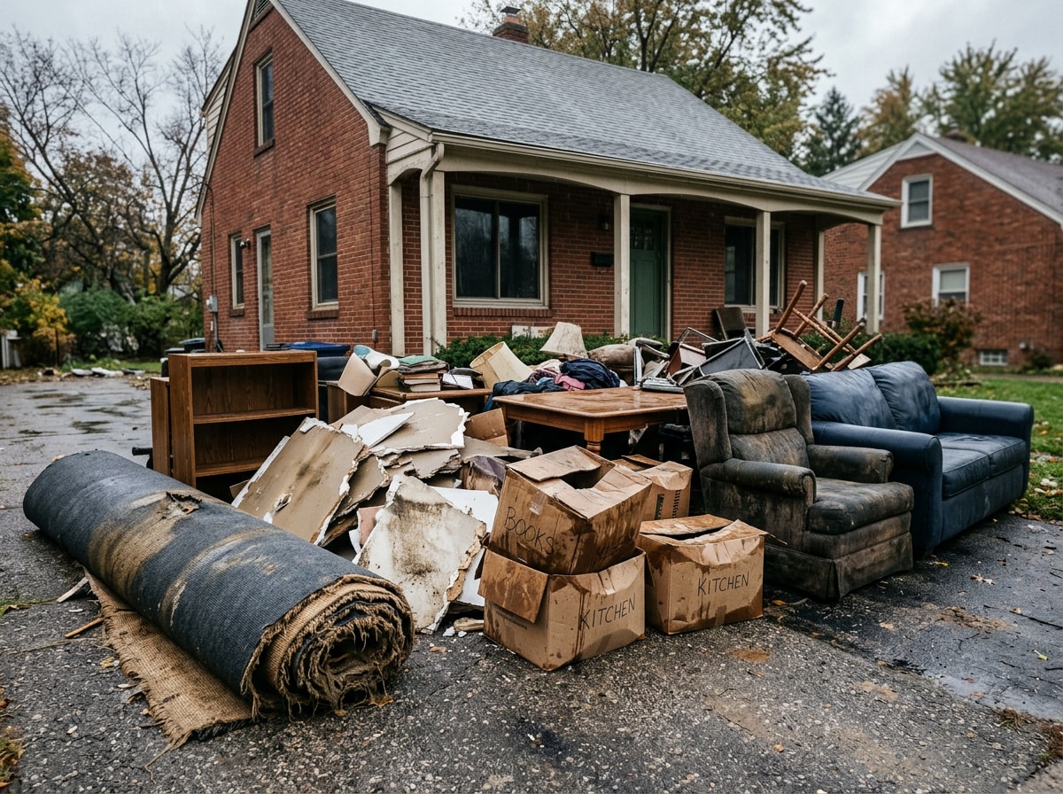 Pile of water-damaged furniture and flood debris removed from a Genesee County basement
