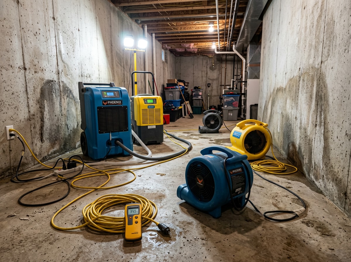 Industrial drying and dehumidification equipment set up in a flooded basement