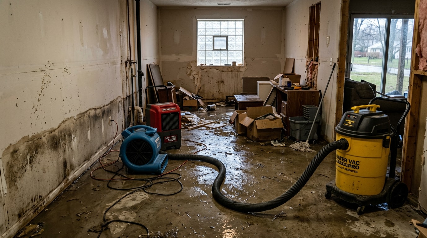 Flooded basement during professional flood clean up in Genesee County Michigan