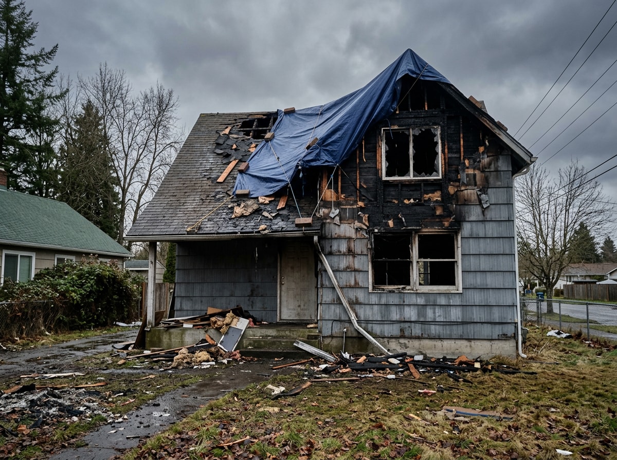 Fire-damaged home exterior with a tarped roof section awaiting full reconstruction