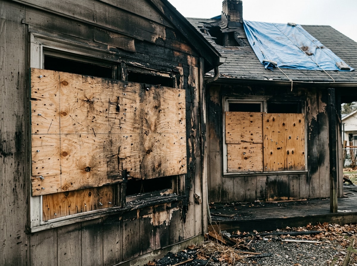 Restoration crew boarding up windows and tarping a roof on a fire-damaged house
