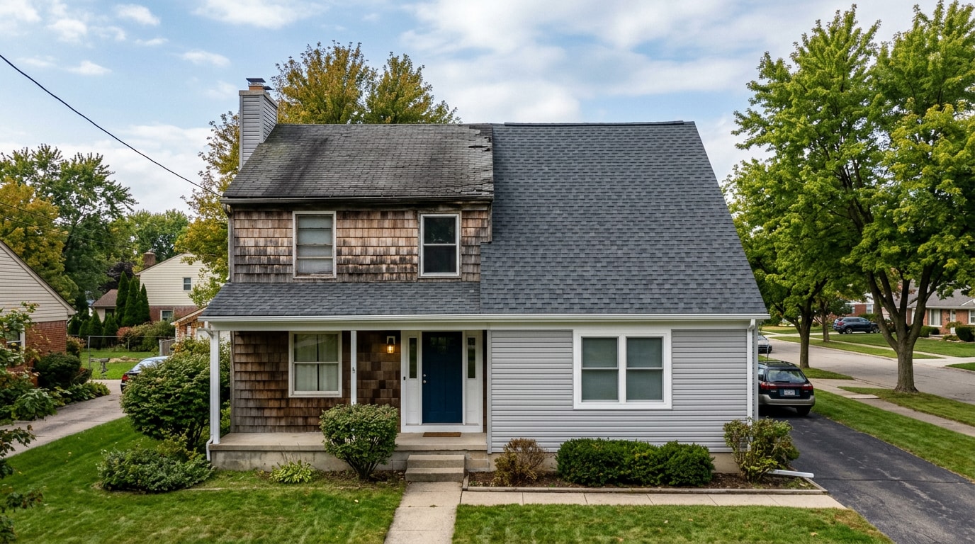 Freshly restored roof and siding section on a suburban Oakland County home after fire damage repair Freshly restored roof and siding section on a suburban Oakland County home after fire damage repair