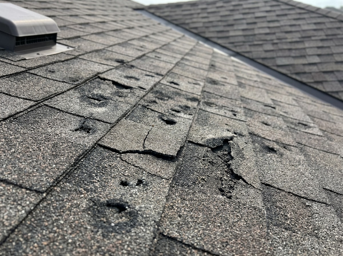 Technician inspecting storm-damaged asphalt shingle roof with visible hail impact marks before repair