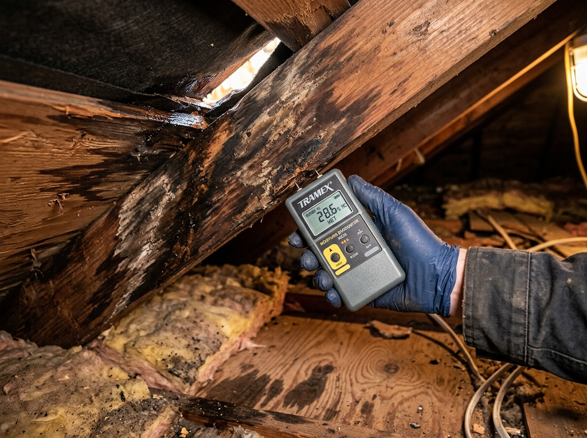 Technician using a moisture meter to inspect a roof leak causing attic mold in a Washtenaw County home