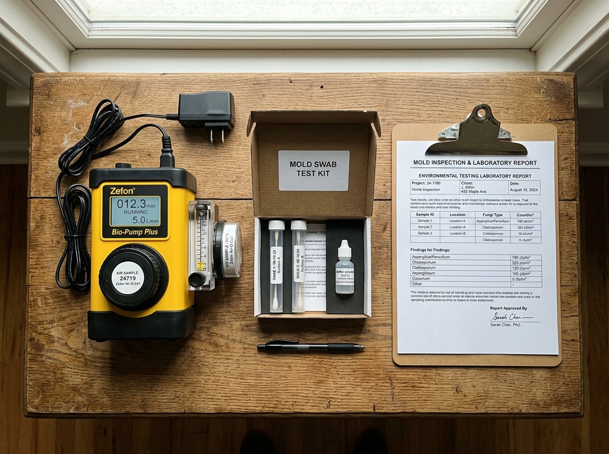 Mold sample collection kit and lab report used during a Washtenaw County mold consultation