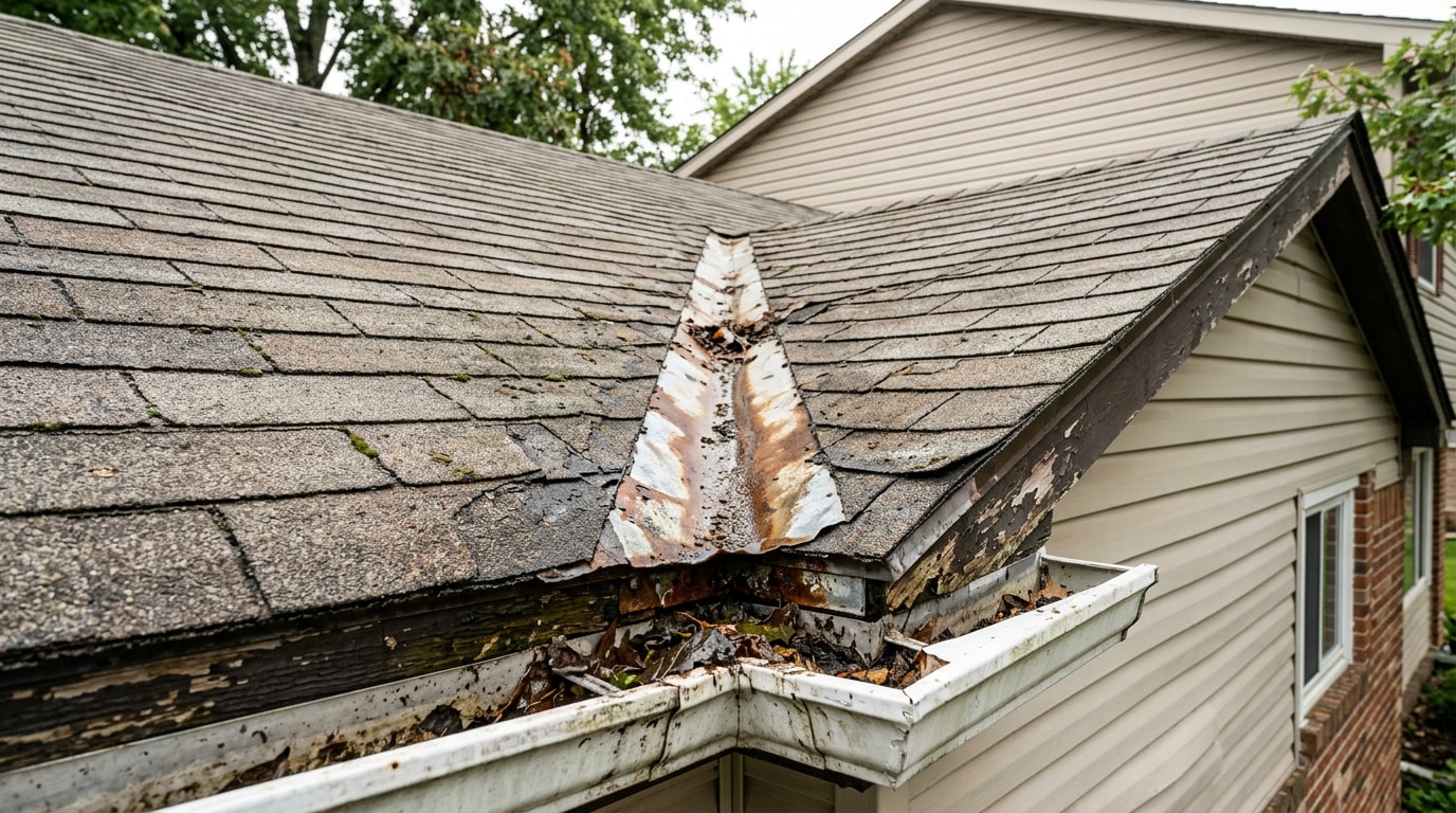 Damaged roof valley causing water intrusion linked to mold risk in a Washtenaw County home Damaged roof valley causing water intrusion linked to mold risk in a Washtenaw County home