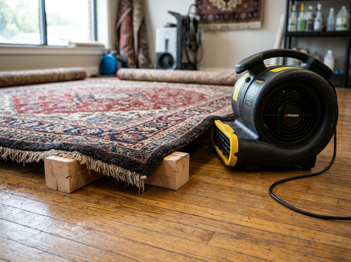 Rug corner elevated on wooden blocks with a floor fan positioned for cross-airflow drying