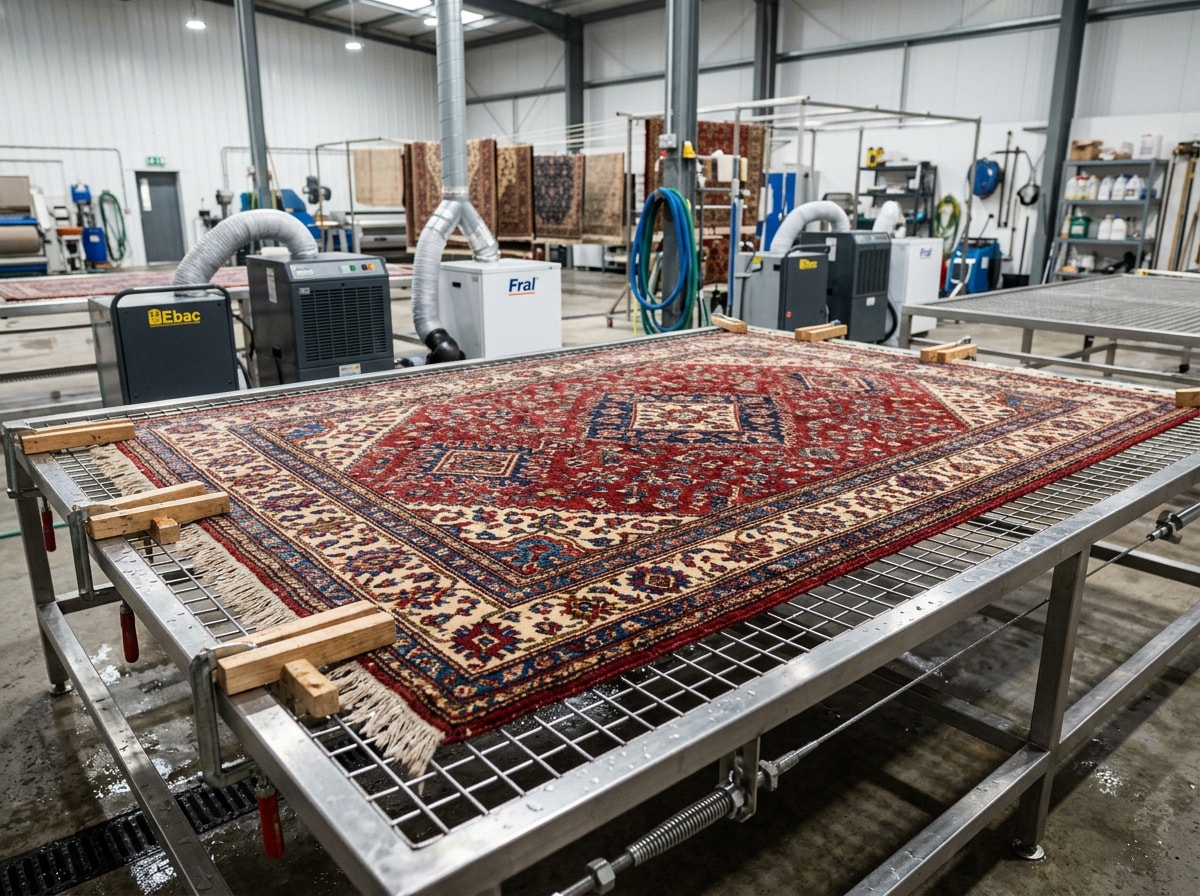 Technician rinsing and blocking a wool Oriental rug on a professional drying rack