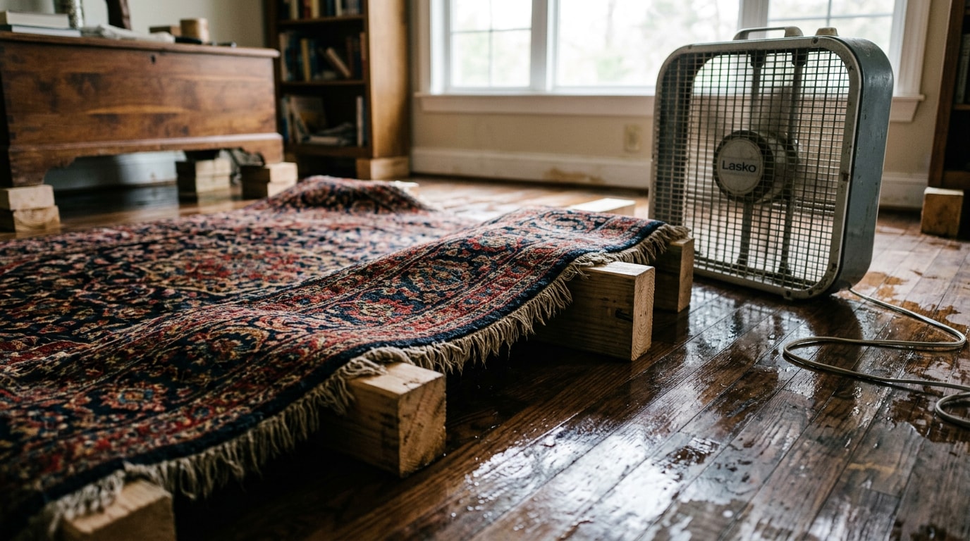 Water-damaged Oriental rug being lifted and dried after flooding in a Saginaw County home
