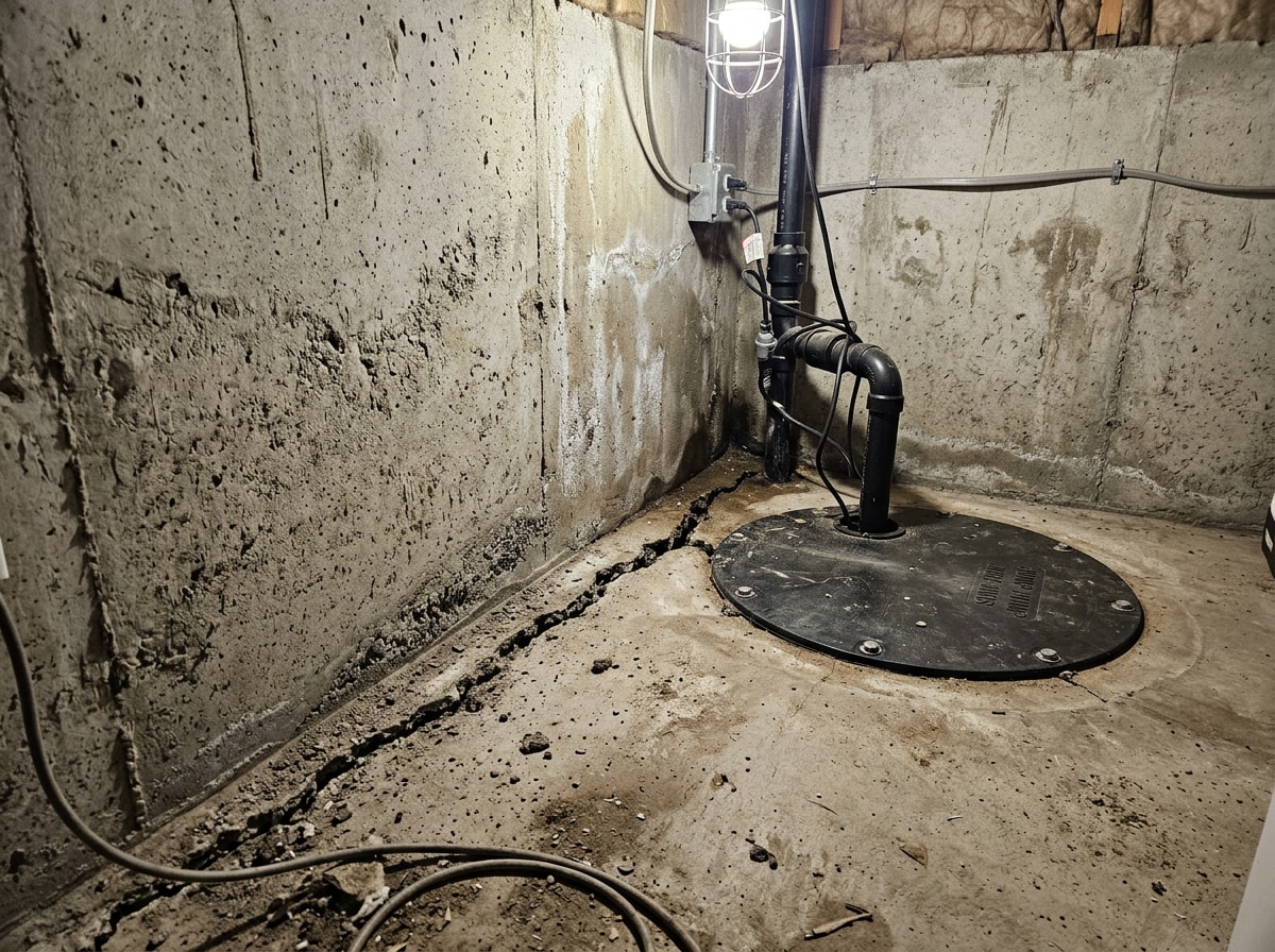 Foundation crack near a basement sump pit where radon gas can enter a home