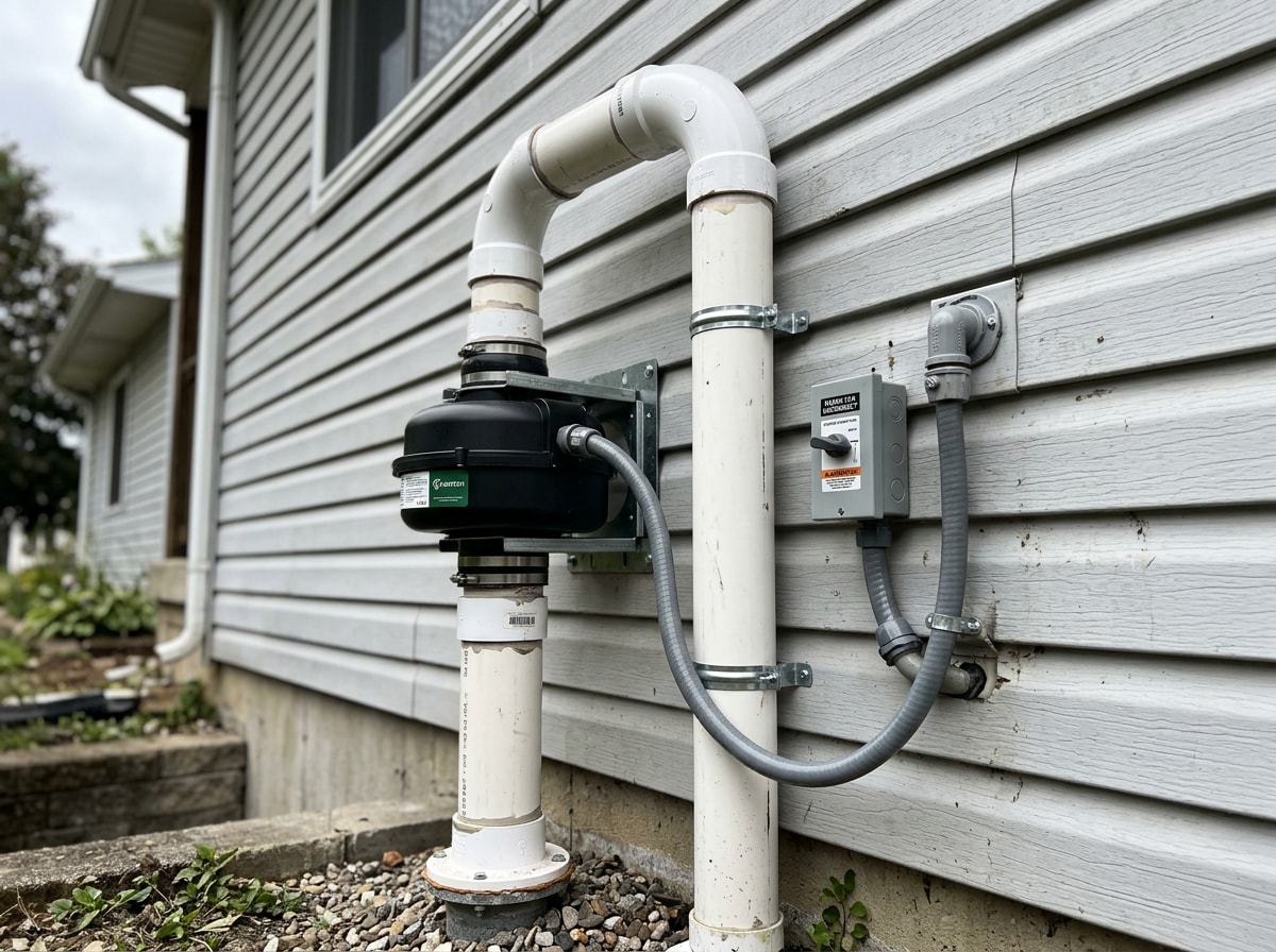 Radon mitigation fan and PVC vent pipe installed on the exterior of a home