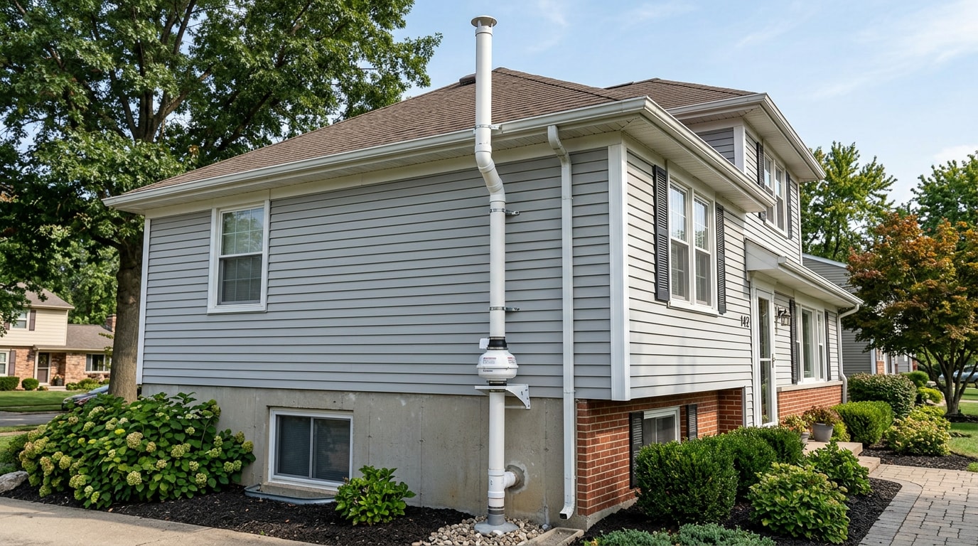 Radon mitigation pipe and fan installed on the exterior wall of a Michigan home