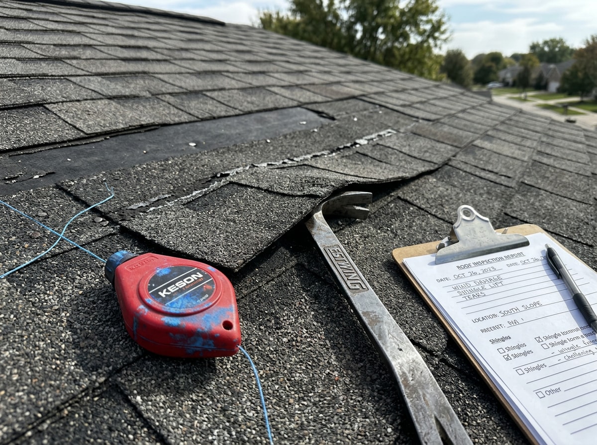 Restoration roofing company Wayne County crew inspecting a storm-damaged residential roof