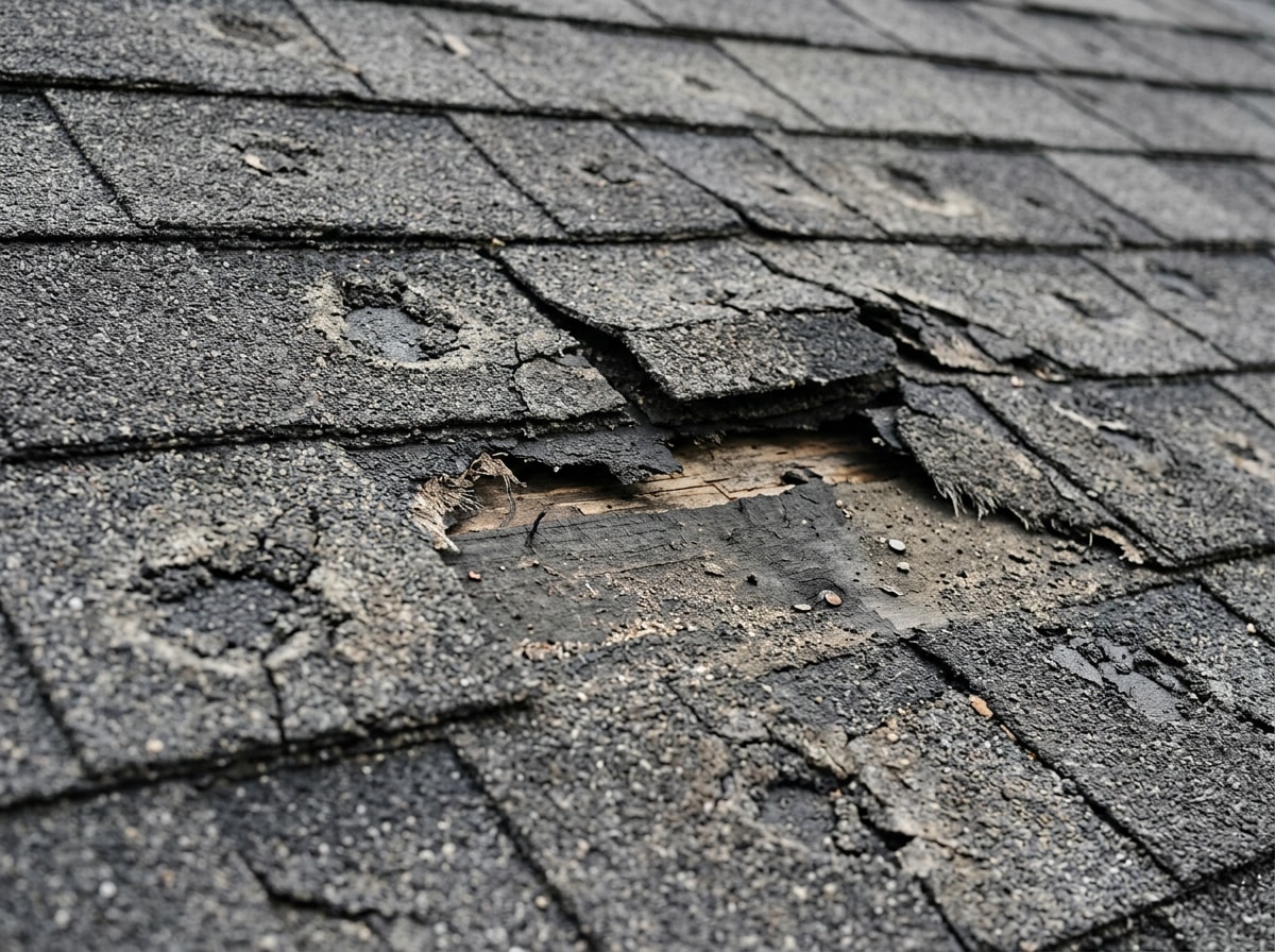 Close-up of hail damage and missing shingles during a storm damage roof repair inspection