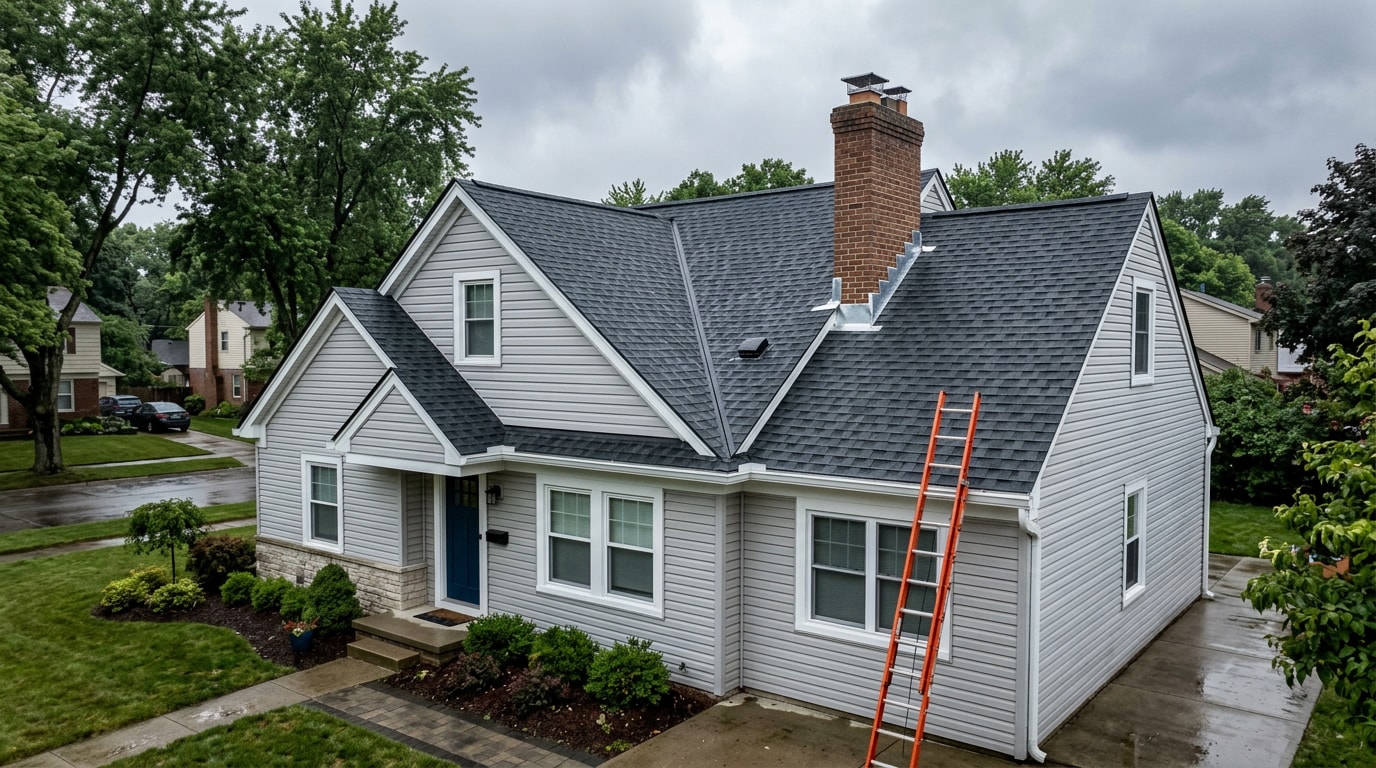Freshly restored residential roof after storm damage repair in Wayne County