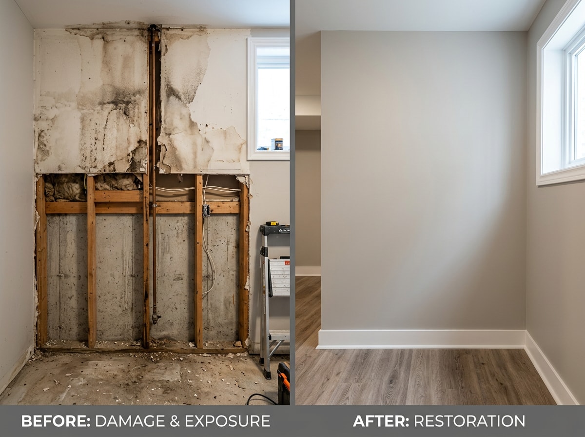 Before and after documentation of a sewage damage restoration job in a Genesee County home