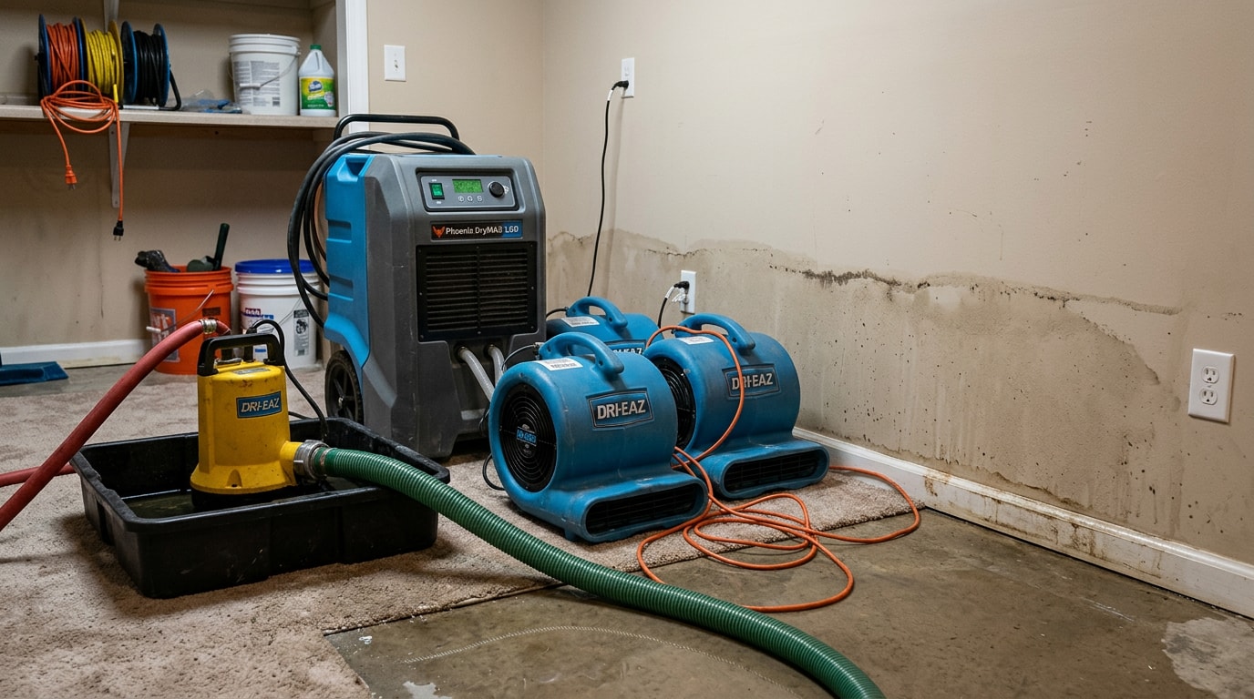 Professional sewage backup restoration equipment set up in a Genesee County basement Professional sewage backup restoration equipment set up in a Genesee County basement