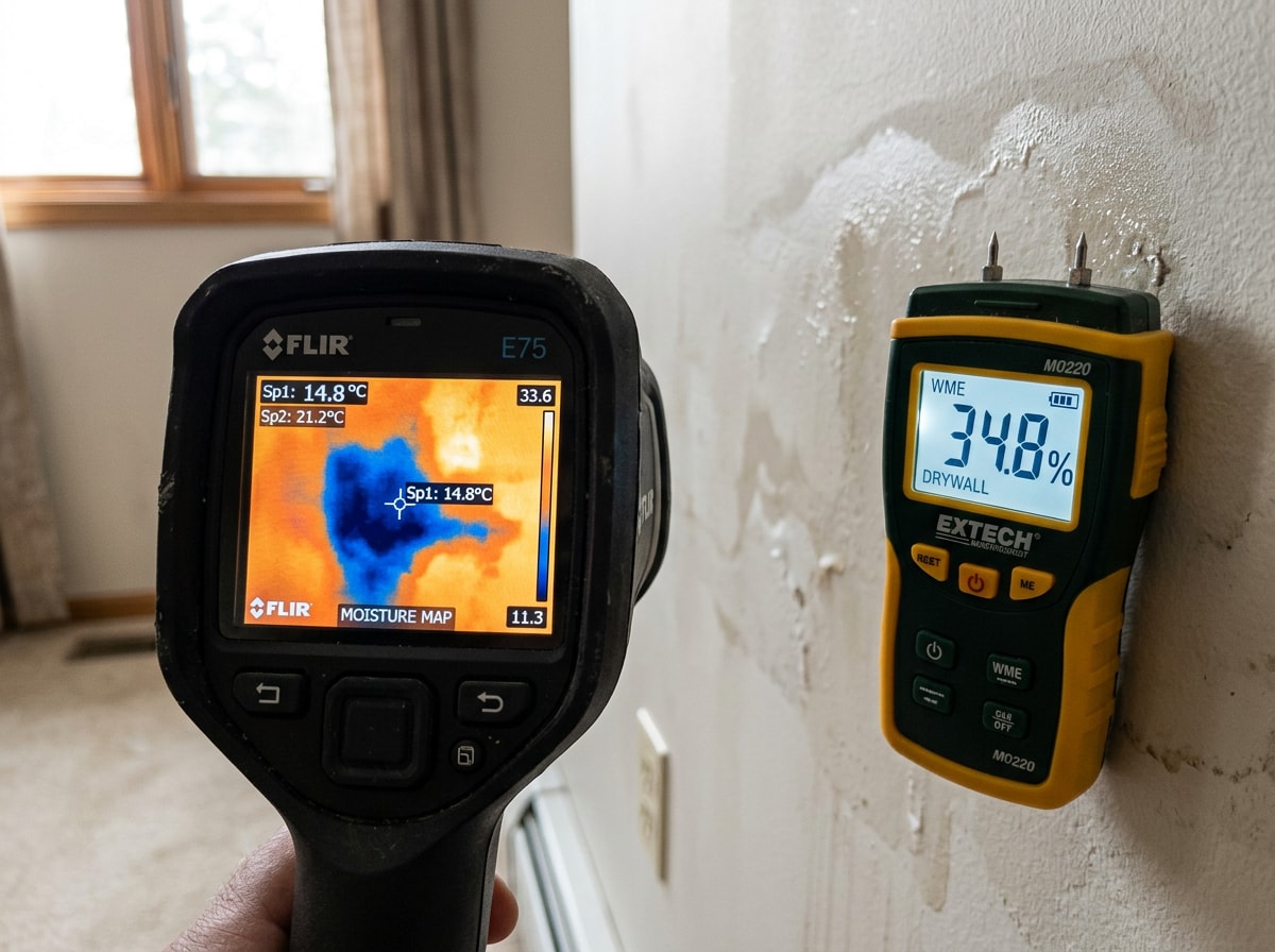 Moisture meter and thermal imaging readings documenting hidden water intrusion on an interior wall