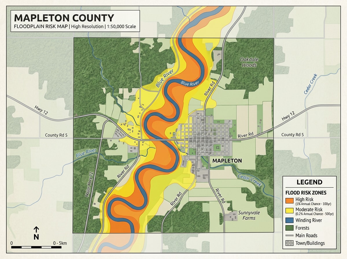 Floodplain risk map showing Huron River flood zones across Washtenaw County, Michigan
