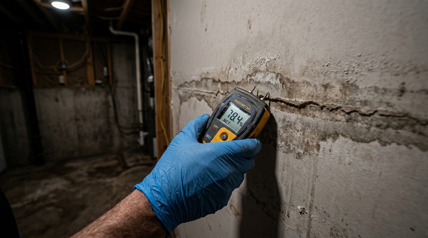 Moisture meter reading water damage on a basement wall during a professional inspection