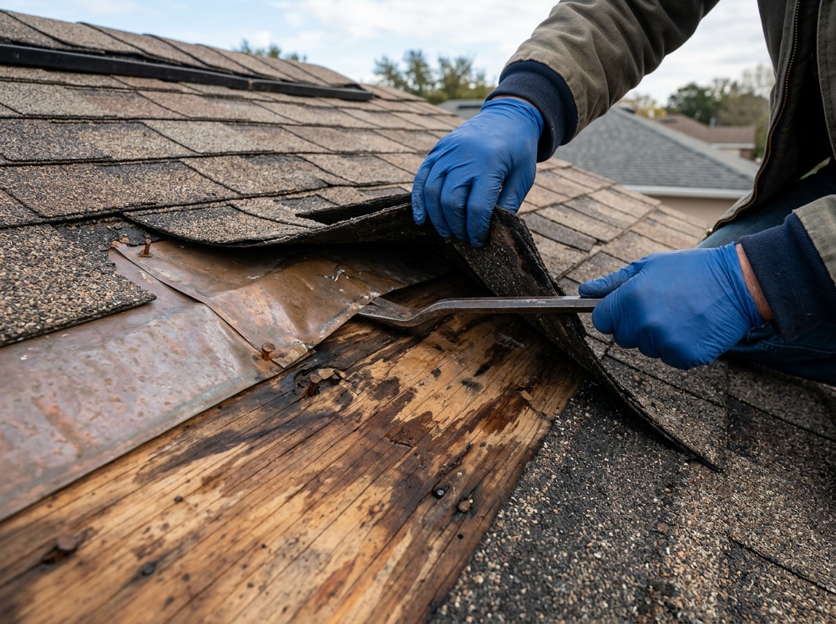 Technician inspecting a storm-damaged asphalt shingle roof for active water entry points