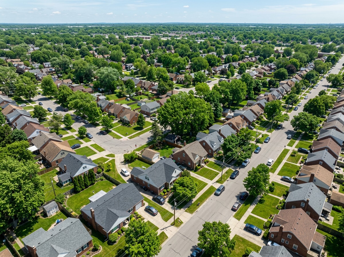 Aerial view of a residential neighborhood in southeast Michigan showing roof lines and gutter systems
