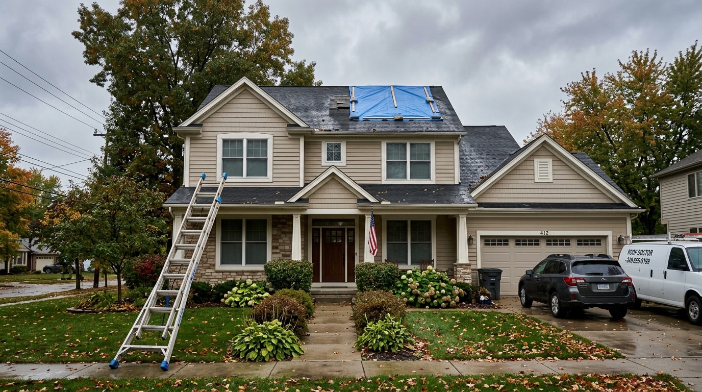 Storm-damaged roof with temporary tarp during water damage mitigation in Livingston County, MI