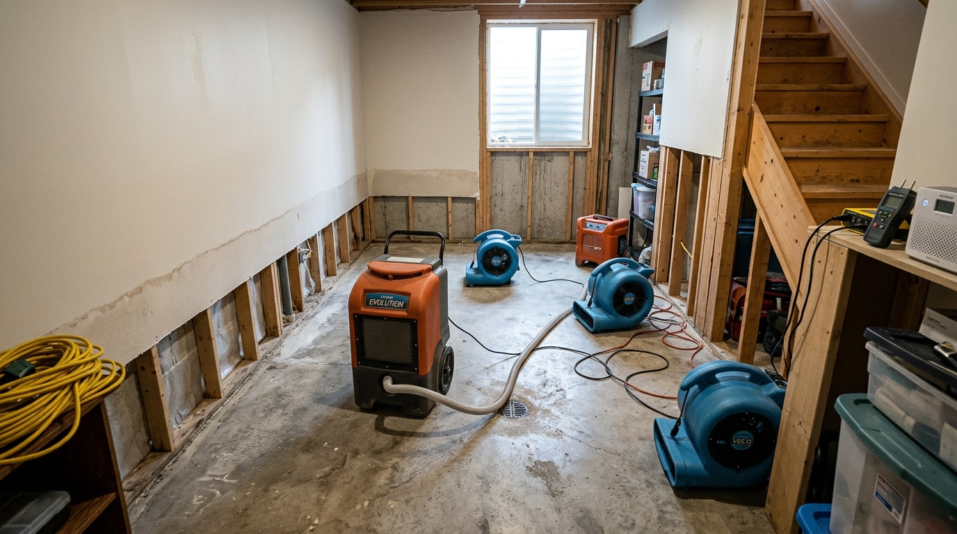Basement water damage drying in progress with professional air movers and dehumidifier