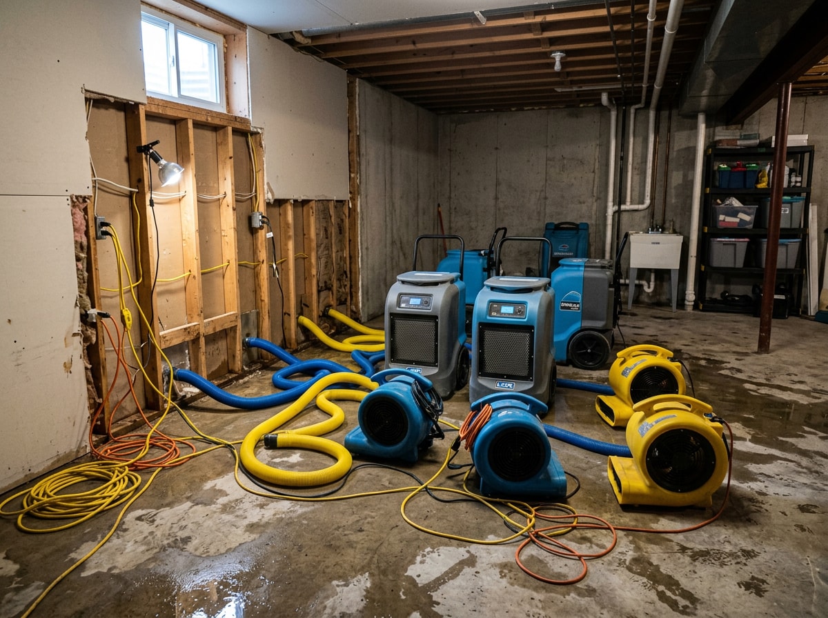 Commercial dehumidifiers and air movers running inside a Wayne County basement during flood damage restoration