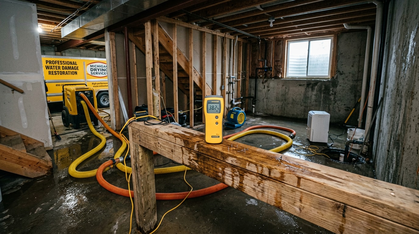 Flooded basement during water damage restoration in Wayne County Michigan Flooded basement during water damage restoration in Wayne County Michigan