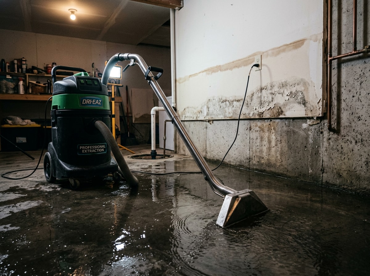 Technician extracting standing water from a flooded Macomb County basement near a foundation wall