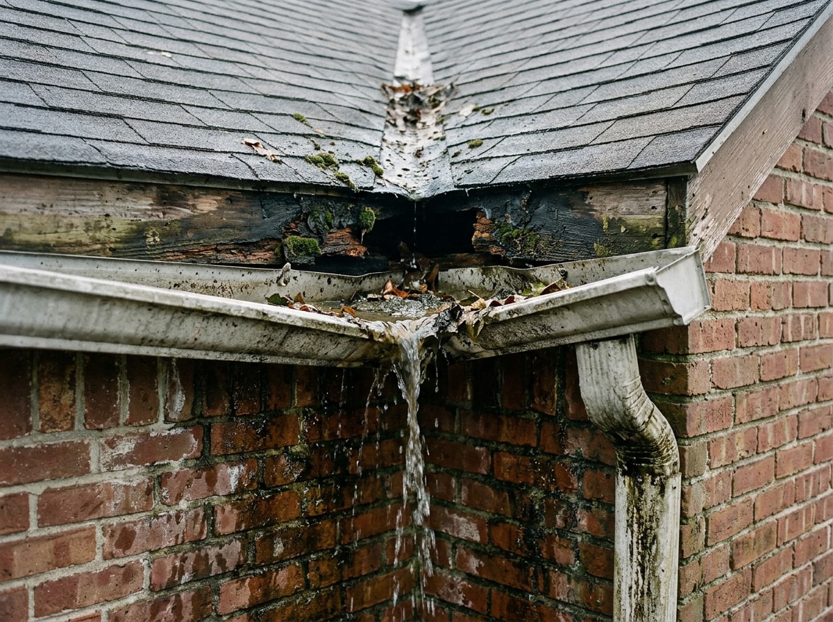Close-up of a damaged roof valley and overflowing gutter causing water to run down an exterior wall