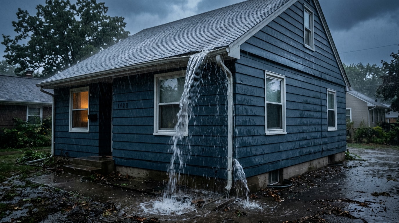 Overflowing gutter sending rainwater down the siding of a Macomb County home during a storm Overflowing gutter sending rainwater down the siding of a Macomb County home during a storm