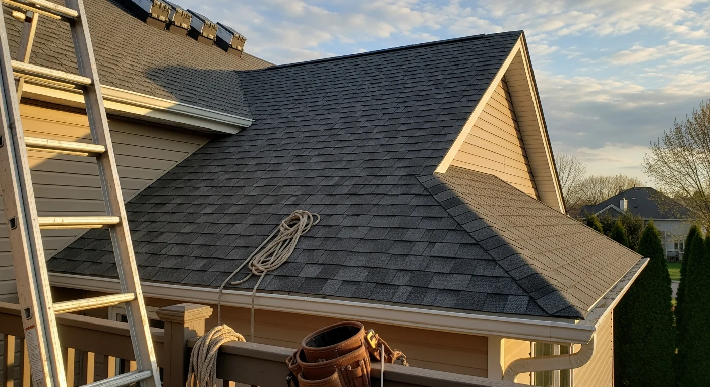 Roofer installing new shingles on residential home