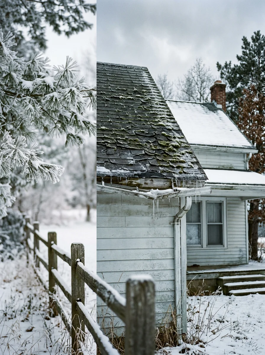 Older single-family home in Livingston County with aging asphalt shingles and deteriorating gutters during winter