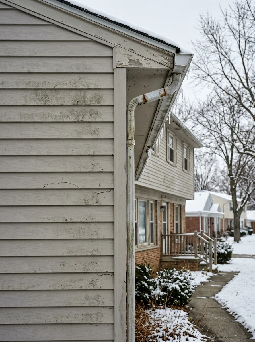 Aging vinyl siding and gutter system on mid-century home in Macomb County during winter