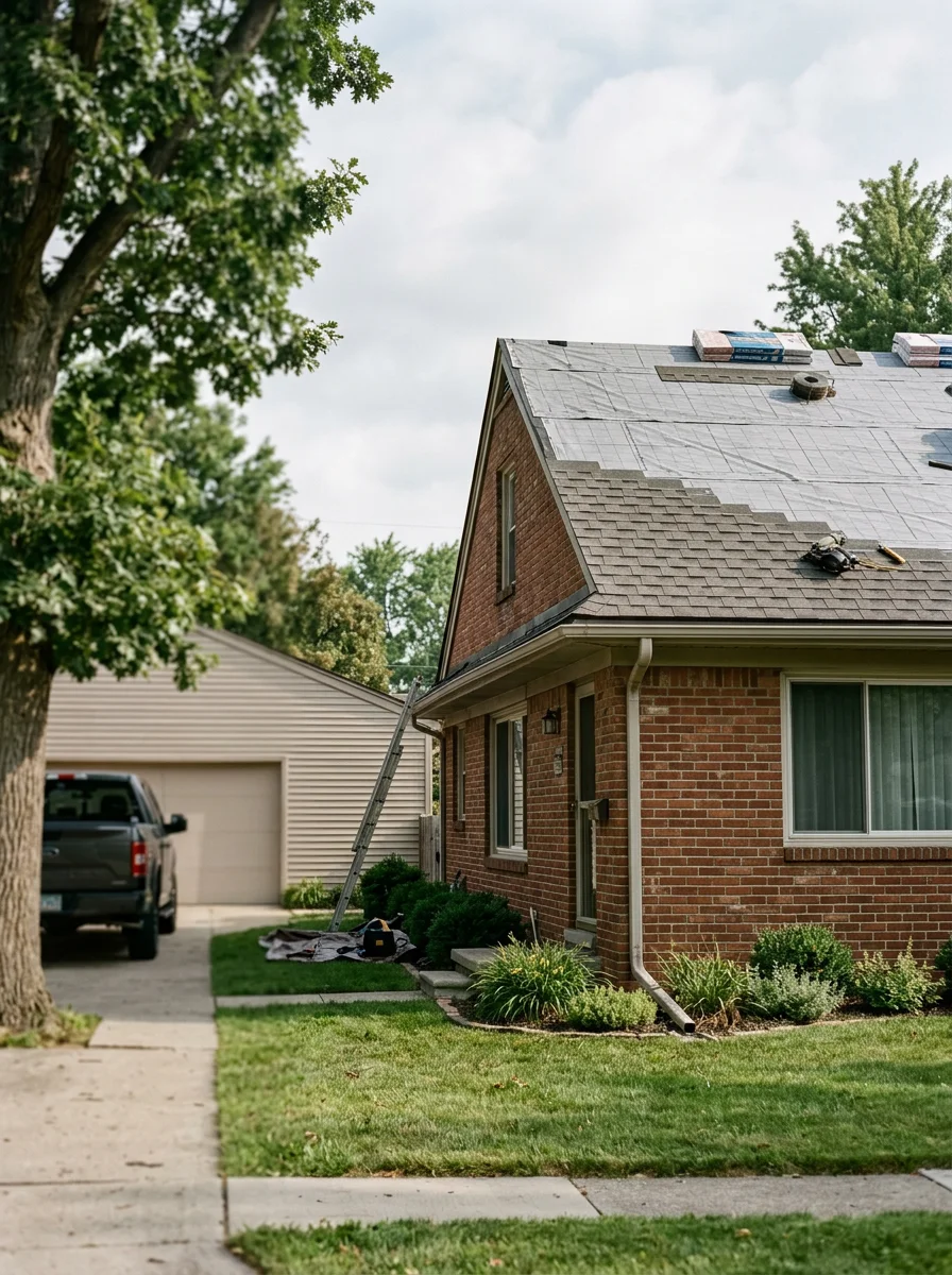Roofer installing shingles on 1970s-era Oakland County home with thermal expansion protection