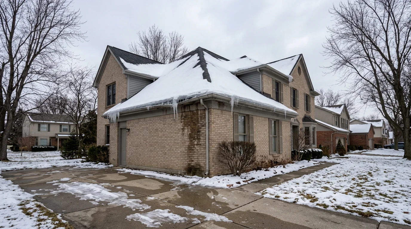Oakland County home with snow-covered roof and gutters during winter freeze-thaw cycle