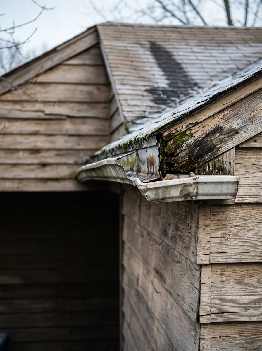 Aging wood siding and deteriorated gutter system on mid-century Saginaw County home exposed to freeze-thaw damage