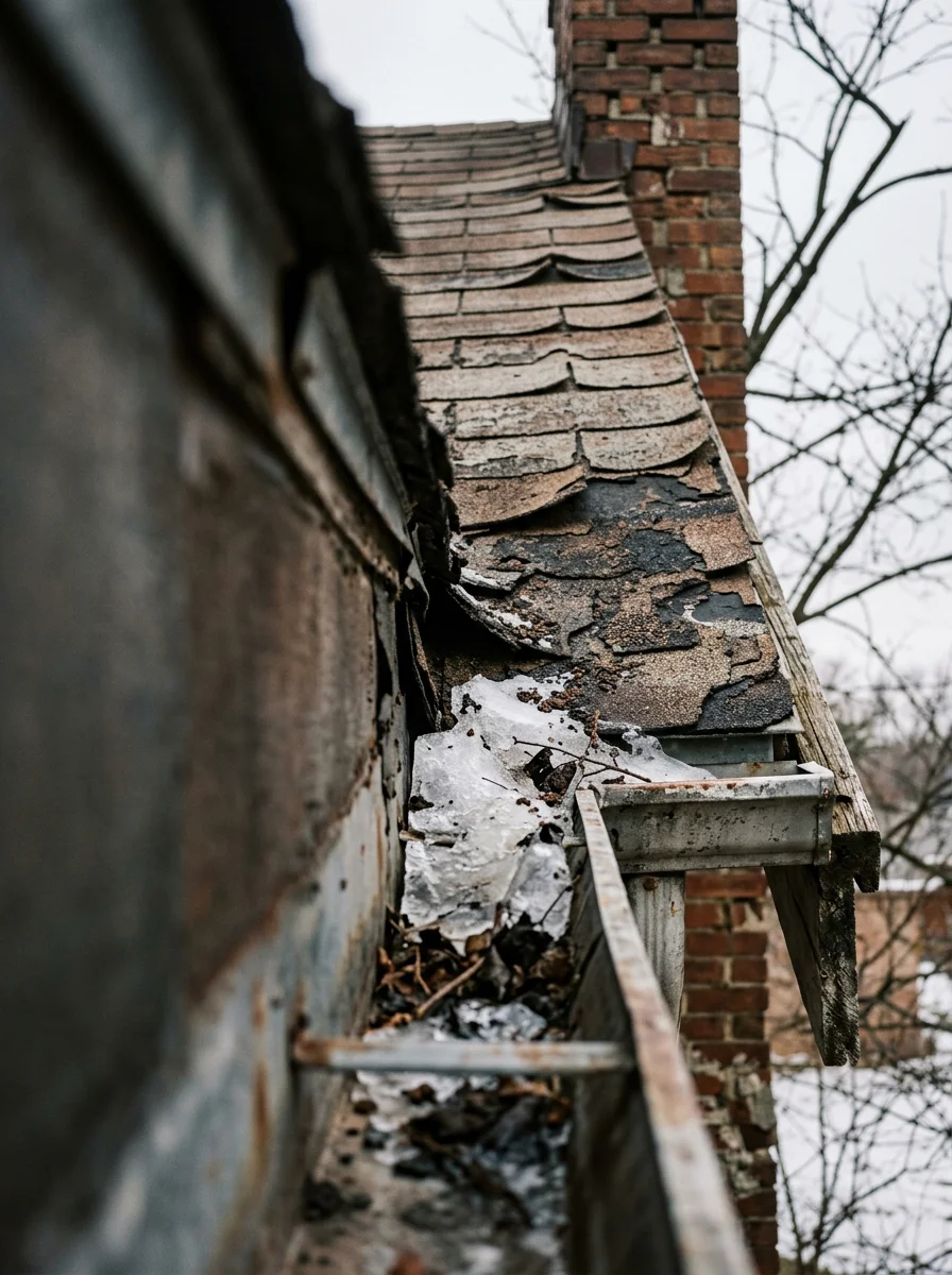 Damaged roof shingles and gutter on pre-1950s Detroit-area home showing freeze-thaw deterioration and ice dam buildup