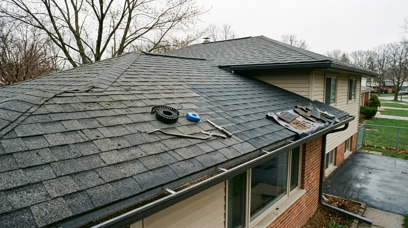 Newly installed asphalt shingles on a residential home in Farmington Hills, Michigan, with clean roof lines and uniform shingle tabs visible against a typical Oakland County suburban backdrop. Close view shows intact granule surface and properly seated shingle edges following a full roof replacement.